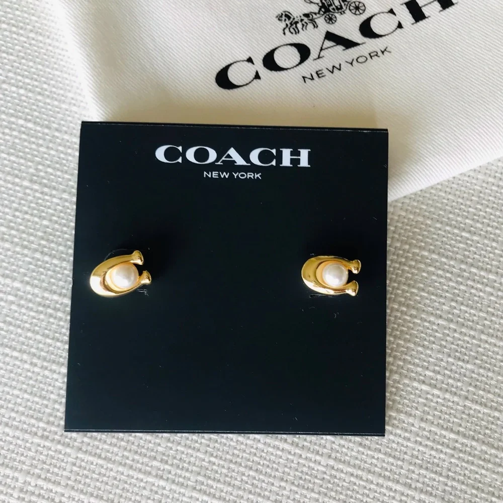 Coach Faux Pearl Gold C Stud Earrings, NWT - Picture 4 of 14